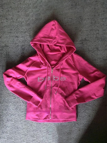 2000's Barbie Pink Letter Rhinestone Print Zip Up Hoodie