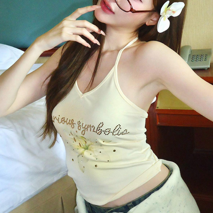 Halter self tie v neck beaded flower pattern top