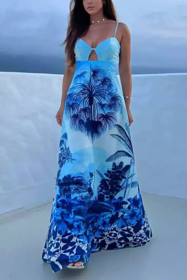 Vacation Blue Suspender Print Dress