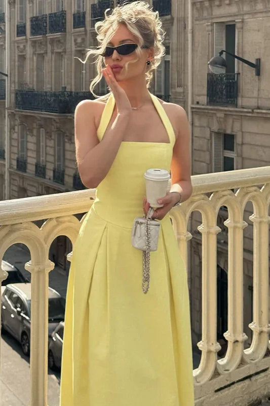 Halter Square Neck Pleated A-Line Waist Seam Midi Dress