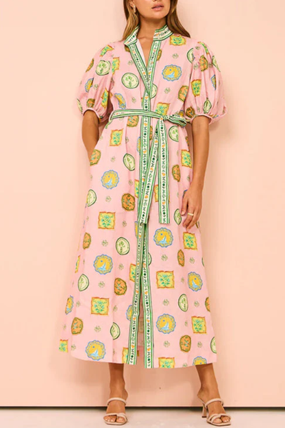 Lantern Sleeves Button Down Tie Waist Printed Midi Shirt Dress