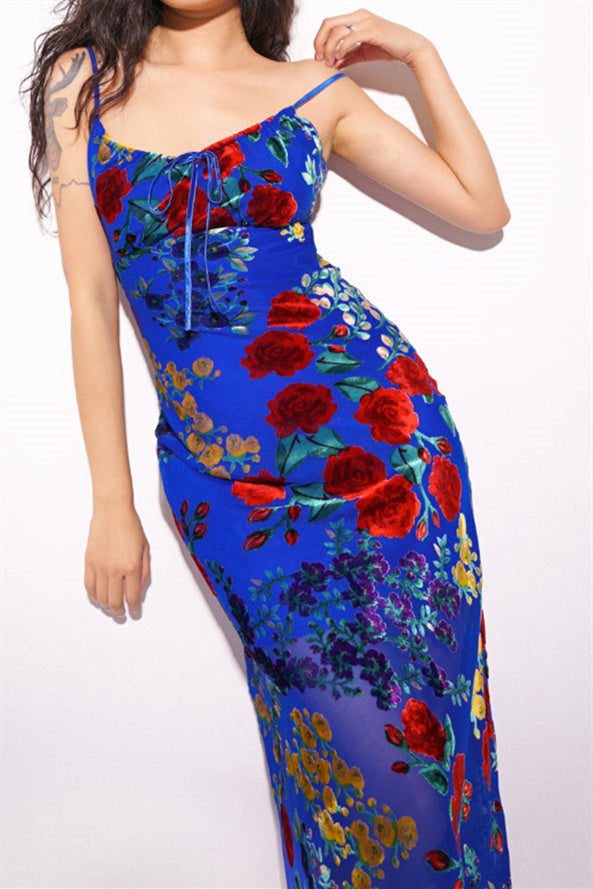 Julie Floral Velvet Burnout Backless Midi Dress