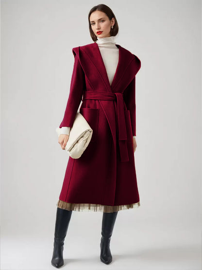 Wool Cashmere Blend Wrap Coat With Hood Double-Faced Camel Belted Winter Outerwear For Women 2026