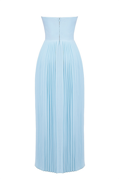 Strapless Cinch Waist Pleated Maxi Dresses-Blue [Pre Order]