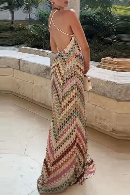 Chevron Print Halter Deep V-Neck Sleeveless Maxi Dress