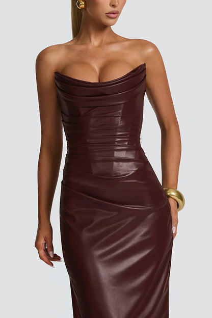Alba Faux Leather Pleated Off Shoulder Neck Slit Stretch Maxi Dress