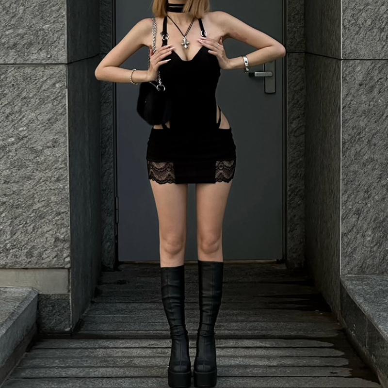 Halter lace hollow out o ring cut out mini dress