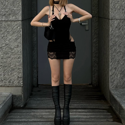 Halter lace hollow out o ring cut out mini dress