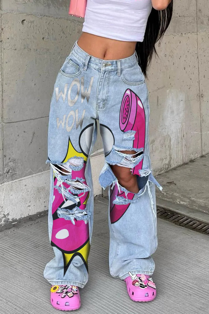 Mid Waist Printed Baggy Jeans