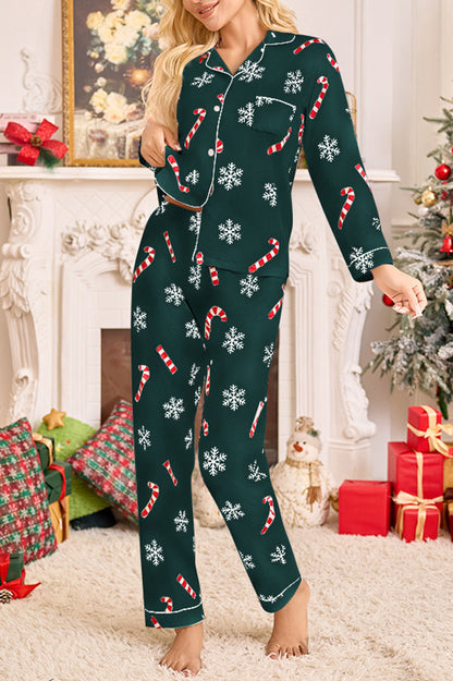 Snowflake Candy Print Casual Long-sleeved Shirt and Elastic Waist Pants Set