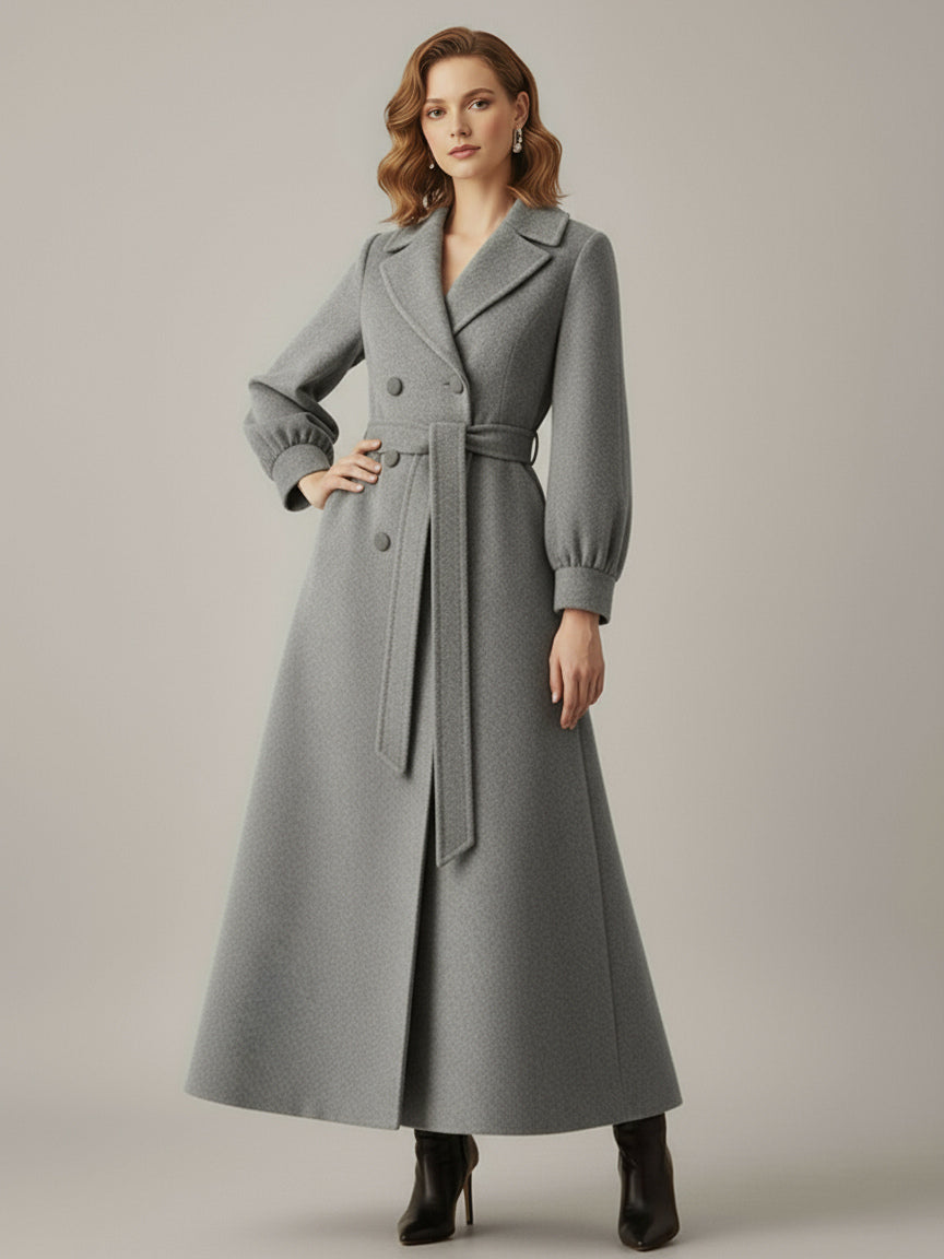 Belted Double-Breasted Woolen Full-Length Coat With Balloon Sleeves For Women 2026