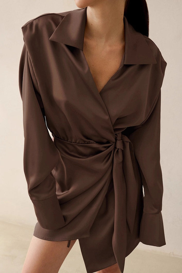 Collared Deep V-Neck Wrap Front Tie Waist Long Sleeve Satin Mini Dress