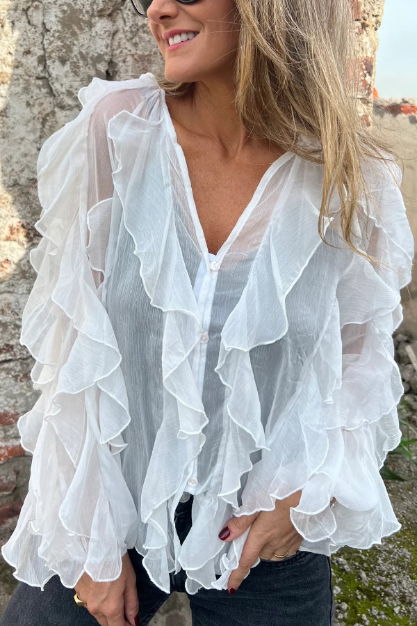 Solid Color Chiffon Ruffled V-neck Patchwork Top