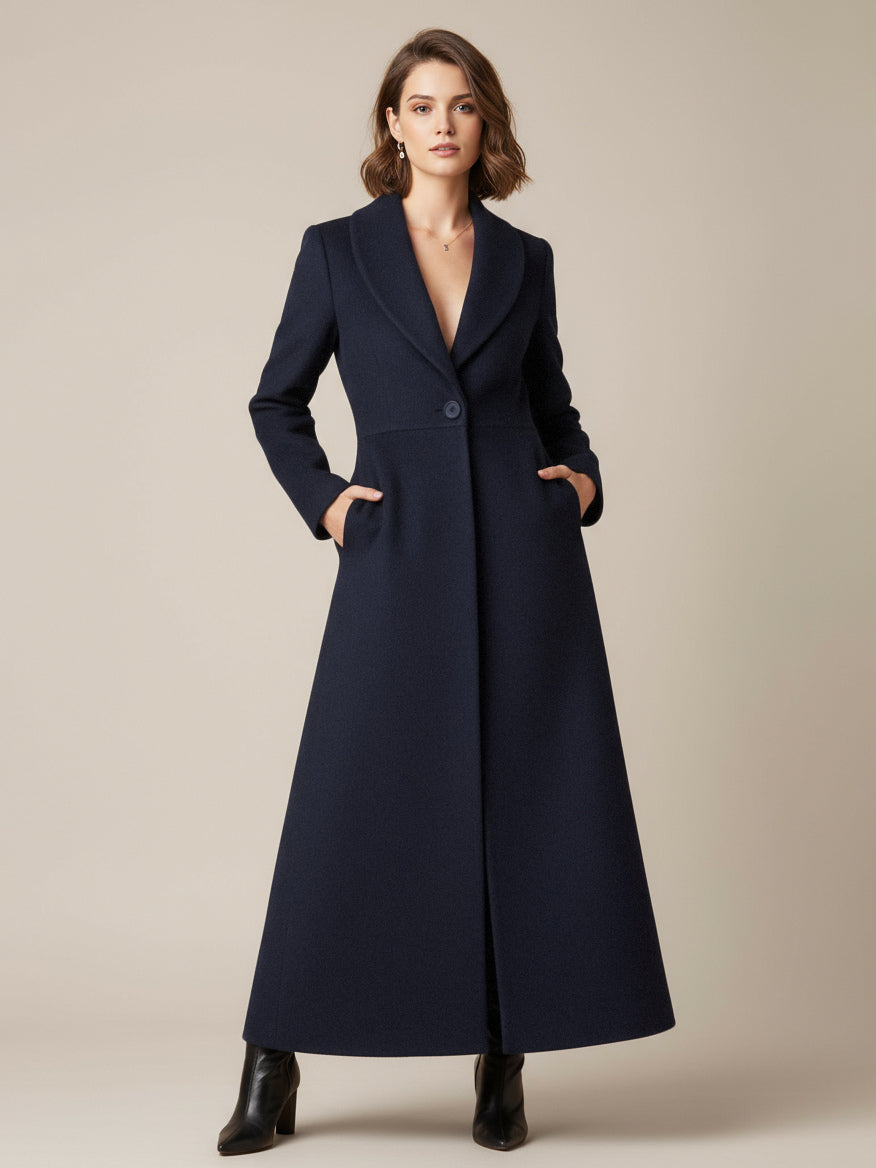 Shawl Collar Full-Length Woolen Coat With A-Line And V-Neck For Women 2026