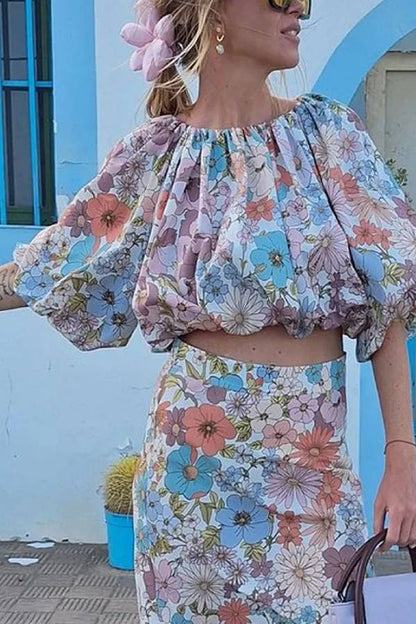 Holiday Floral Print Top & Skirt Two-Piece Set