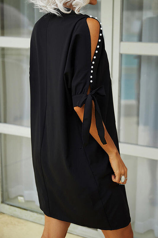 Solid color strapless V-neck beaded short-sleeved loose dress