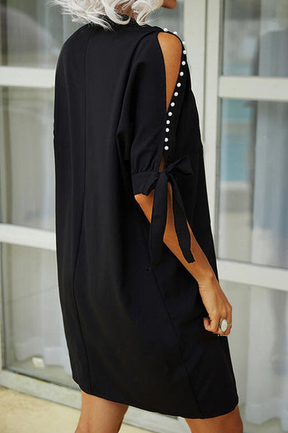 Solid color strapless V-neck beaded short-sleeved loose dress