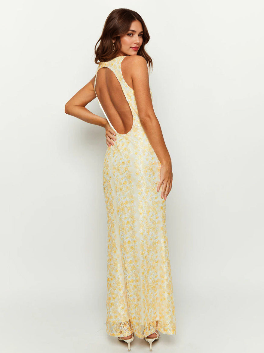 Sleeveless Lace Maxi Dress With Deep V-Neck And Open Back For Summer 2026