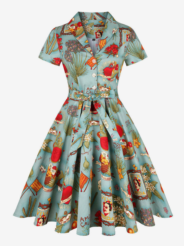 Vintage Printed Tea Dress for Women - 1950s A-Line Belted Short Sleeve Rockabilly Swing Midi Dress - Holiday Picnic 2026