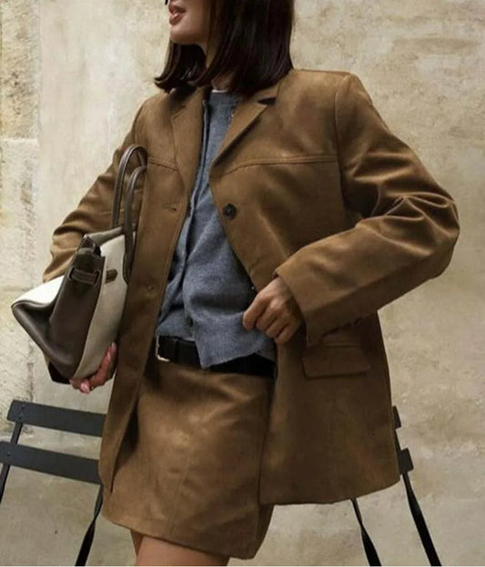 Brown Pockets Button Mini Office Two Piece Set