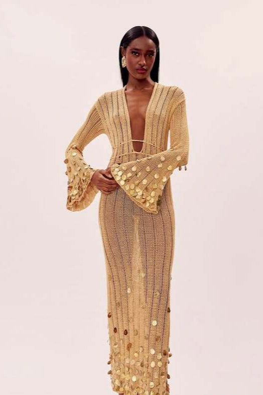 Sexy V Neck Belted Sequin Knit Long Boho Dress