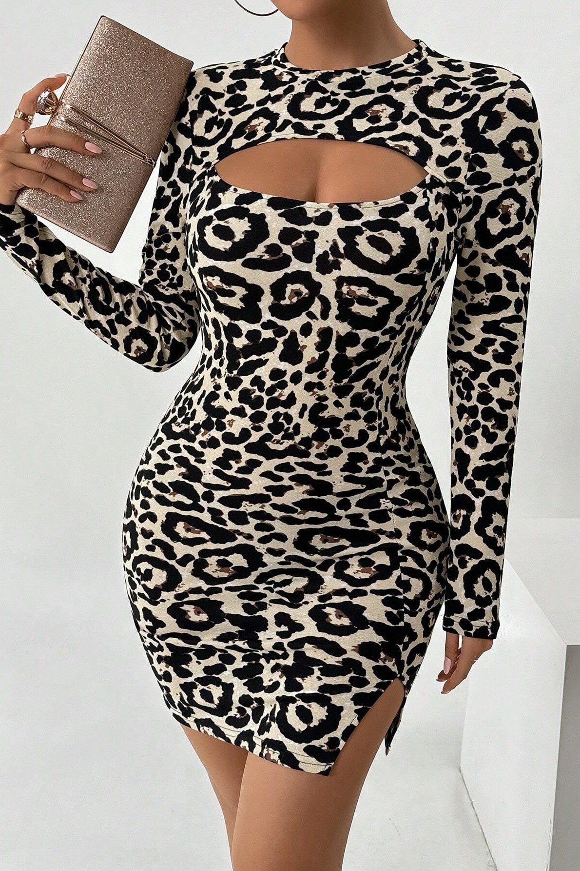 Print Chest Cutout Long Sleeve Bodycon Mini Dress