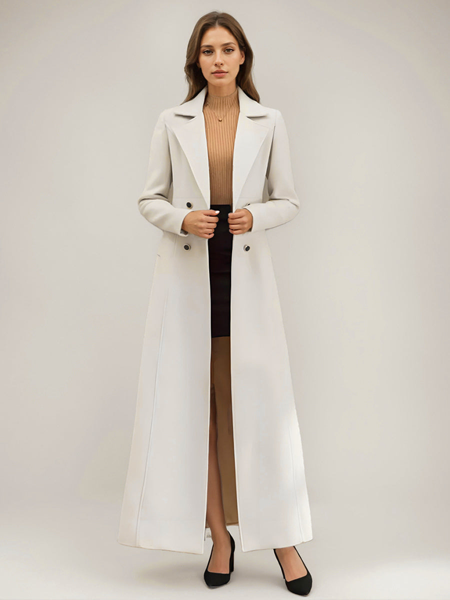 White Longline Woolen Coat Notched Lapel Double Breasted Belted Winter Full Length Outerwear For Women 2026