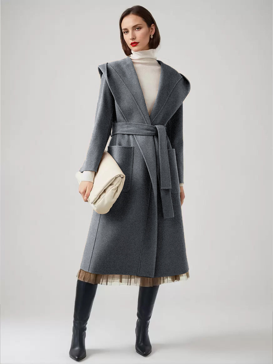 Wool Cashmere Blend Wrap Coat With Hood Double-Faced Camel Belted Winter Outerwear For Women 2026