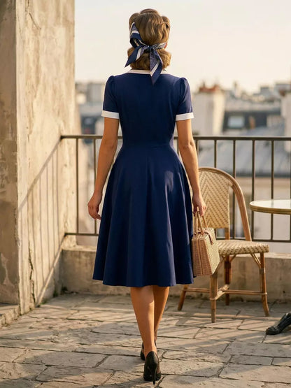 Contrast Trim Lapel Collar Double Pocket A Line Retro Tea Dress For Women 2026
