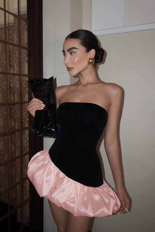 Velvet Paneled Strapless Bubble Hem Mini Dress