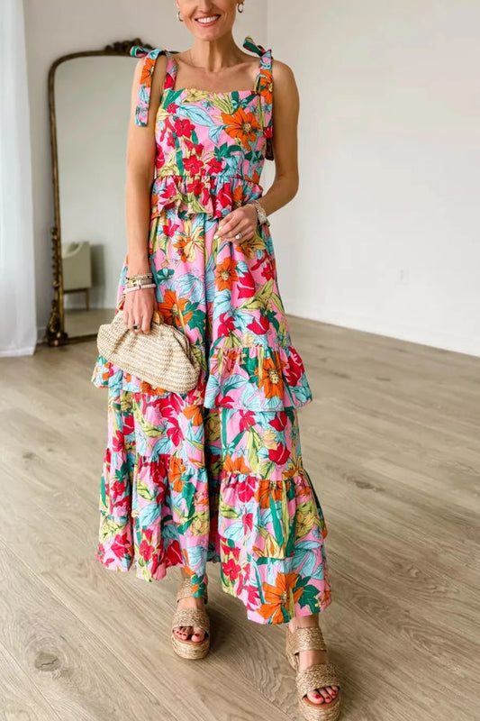 Multicolour Boho Floral Print Knot Strap Ruffle Layered Maxi Dress