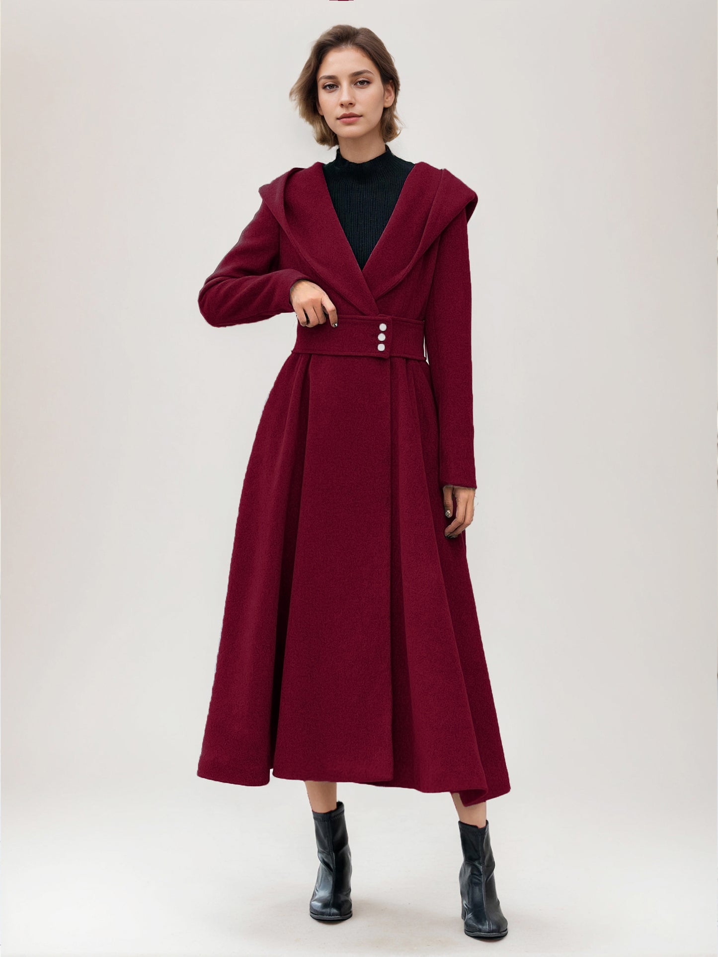 Flared Woolen Coat For Woman Hooded Gray Belted A-line Winter Long Outerwear 2026