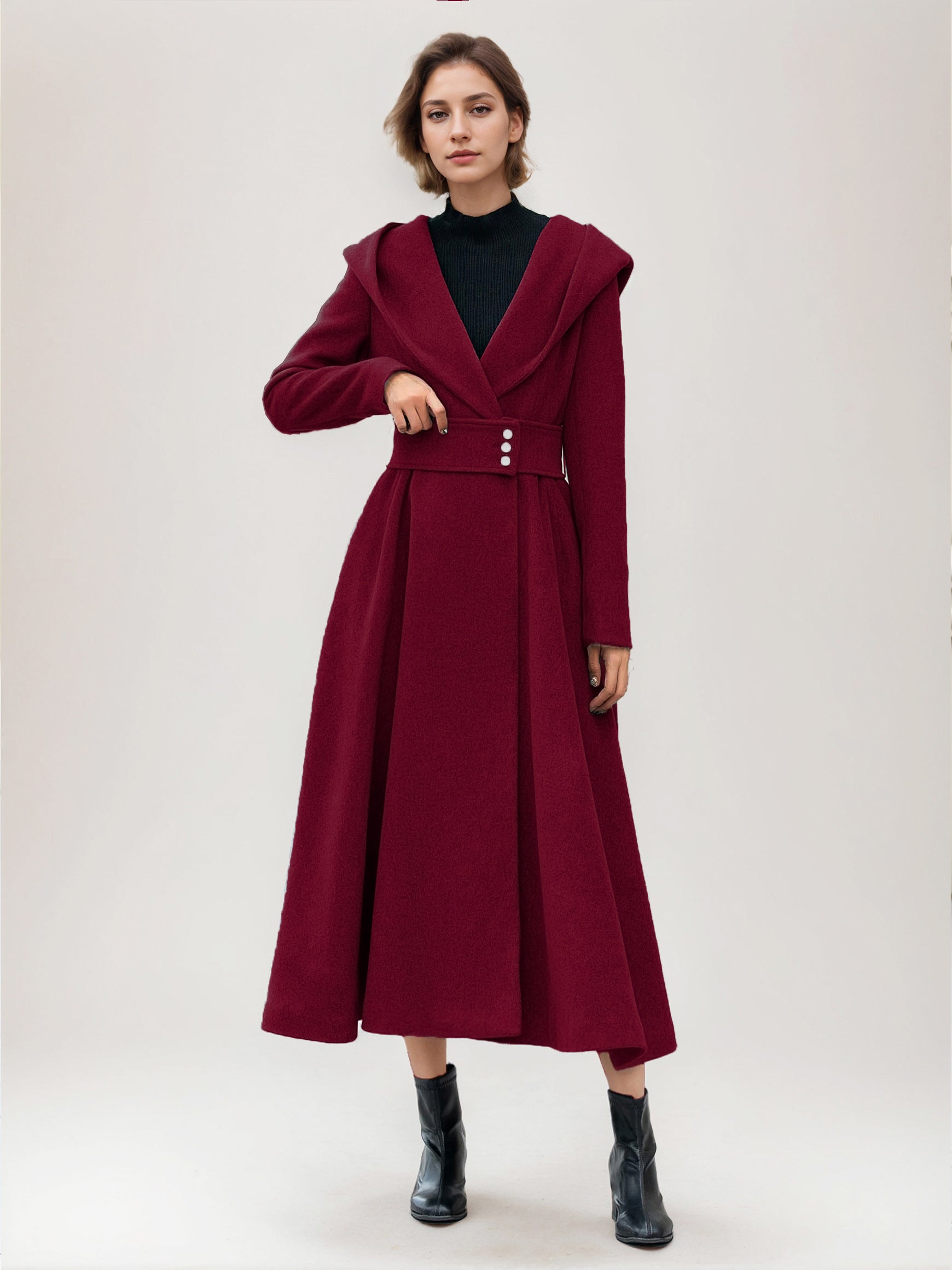 Flared Woolen Coat For Woman Hooded Gray Belted A-line Winter Long Outerwear 2026