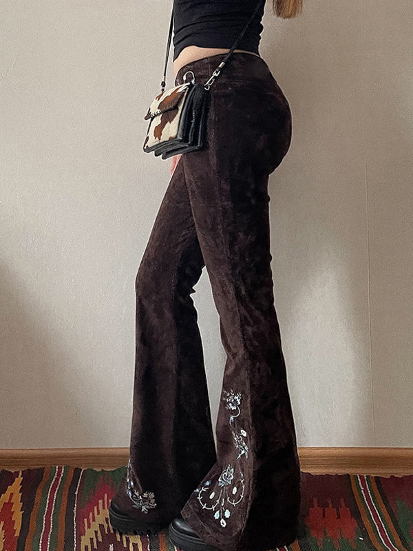 Brown Vintage Embroidered Flap Waist Design Flare Jeans