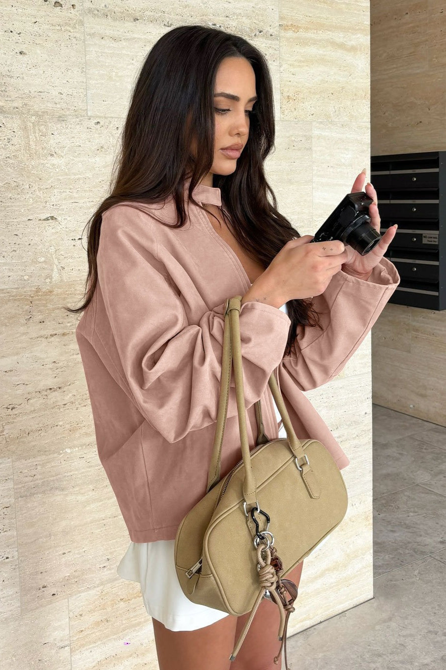 Stand Collar Suede Long Sleeve Jacket