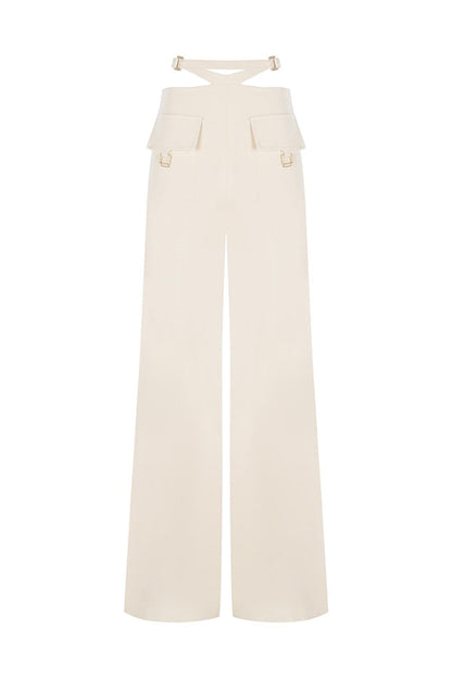 Leia High Neck Button Bell Sleeve Top and Cutout Waist Metal Pocketed Flare Pants Set