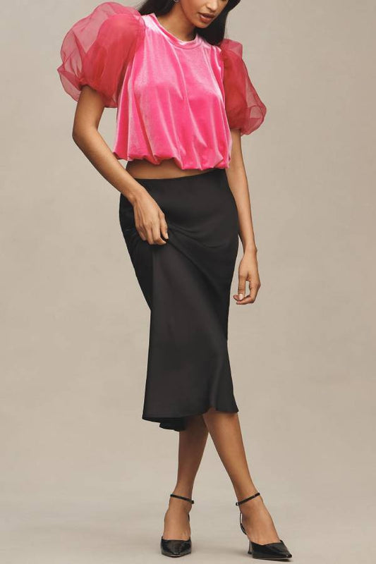 Blissful Smile Velvet Tulle Puff Sleeve Loose Blouse