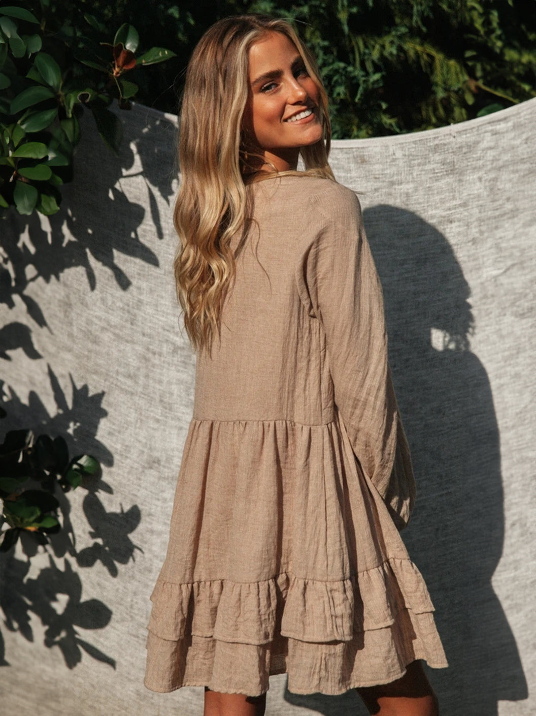 Boho Lantern Sleeve Mini Dress for Women - Cotton Blend V Neck Tiered Ruffle Loose Fit Smock - Spring Casual Resort 2026