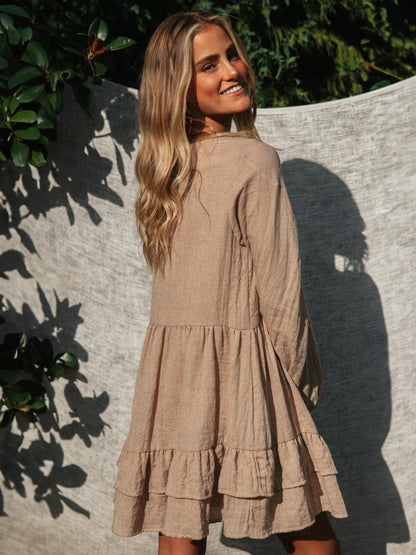Boho Lantern Sleeve Mini Dress for Women - Cotton Blend V Neck Tiered Ruffle Loose Fit Smock - Spring Casual Resort 2026