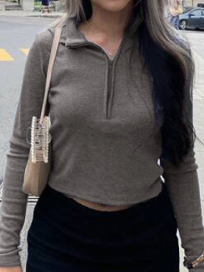 Solid Color Ribbed Zip Up Crop Long Sleeve Knit