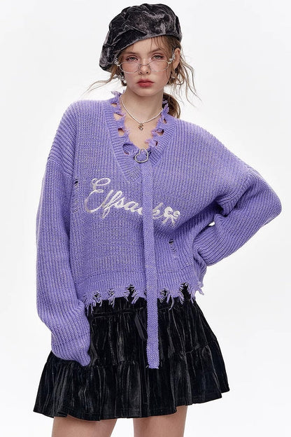 Red Embroidered Raw Edge Wool Blend Sweater