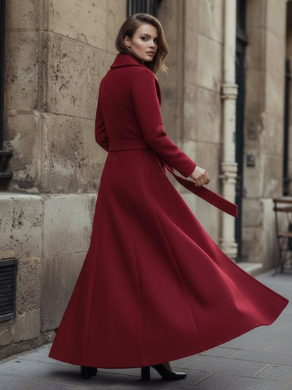 Woolen Belted Maxi Coat With Shawl Collar And Double-breasted For Women 2026