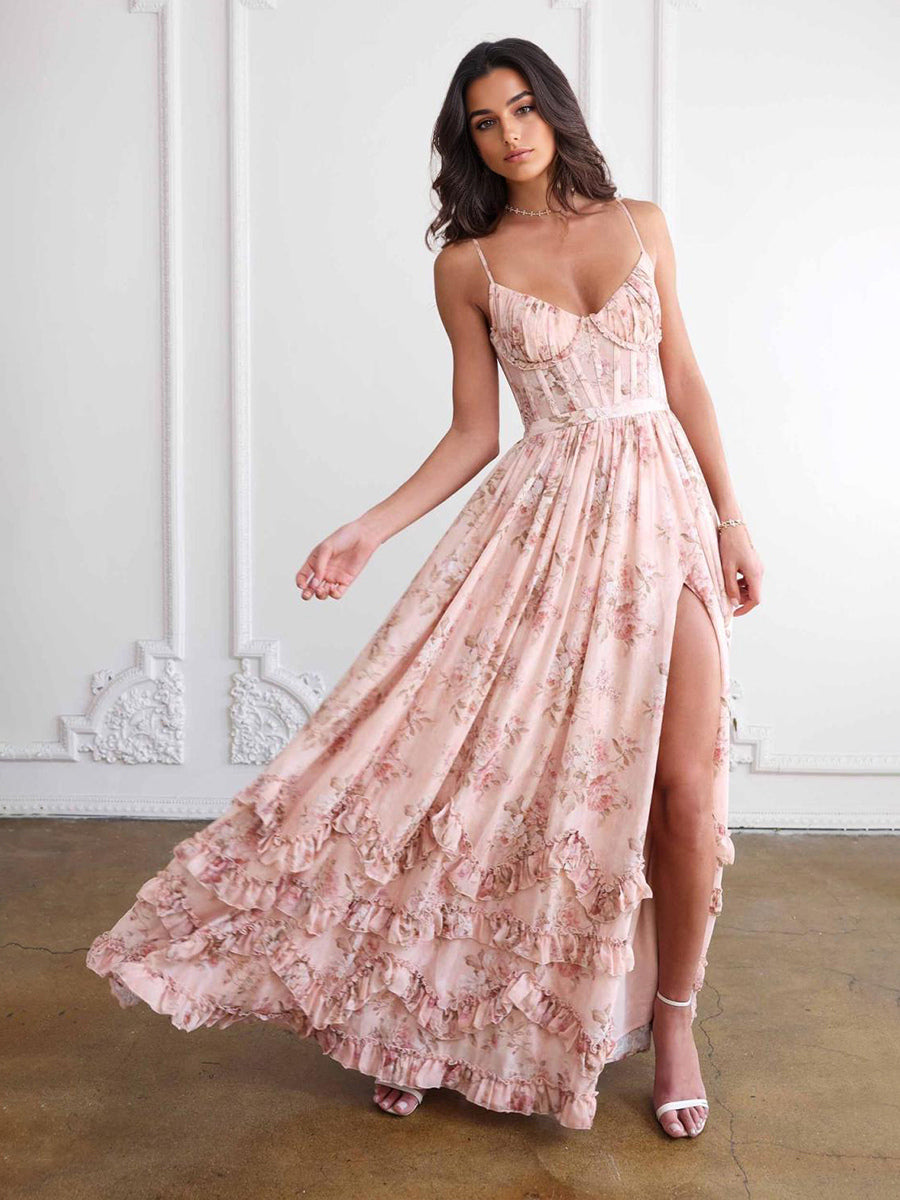 Floral Layered Ruffles Maxi Party Dress High Slit Strap Dress 2026