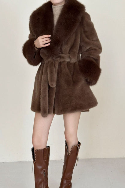 Faux Animal Fur Suede Mid-Length Notch Collar Tie Waist Coat