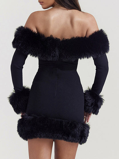 Faux Fur Trim Mini Dress Off The Shoulder Sexy Birthday Party Dresses