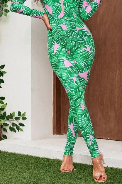 Green Zip Long Sleeve Printed Surf Swimsuit Set