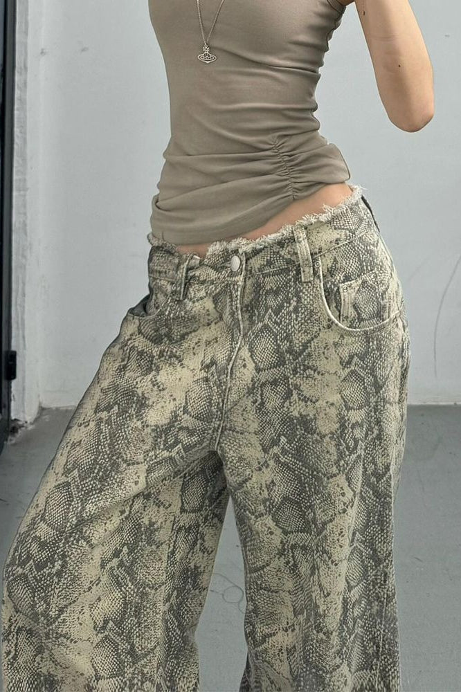 Snake Print Wide Leg Low Waist Frayed Jeans