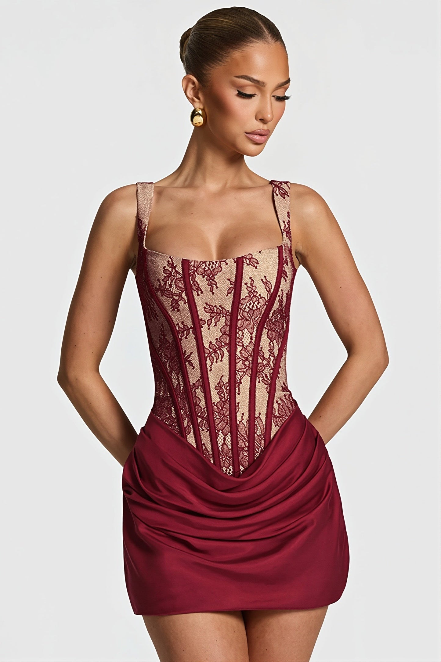 Floral Lace Corset Bodice Draped Satin Ruched Mini Dress