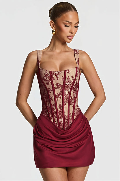 Floral Lace Corset Bodice Draped Satin Ruched Mini Dress