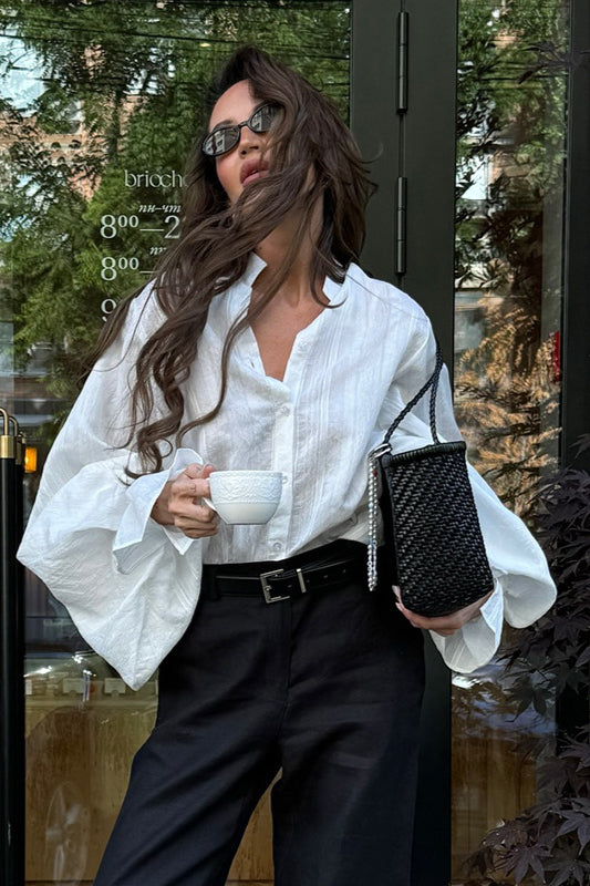 Loose Fit Lantern Sleeve Stand Collar Blouse